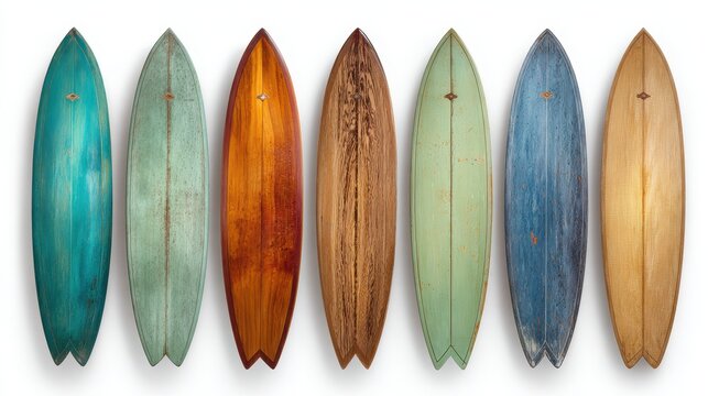 Collection of vintage wooden fishboard surfboards on a clean white studio background
