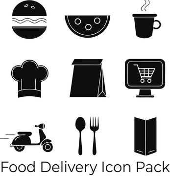 Food delivery icon pack with 9 black solid vector symbols, restaurant and takeout service icons, minimalist catering and online ordering graphics