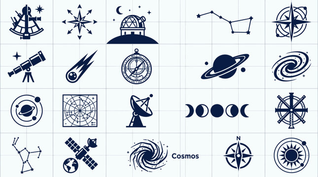 Astronomy symbols and icons set collection.
