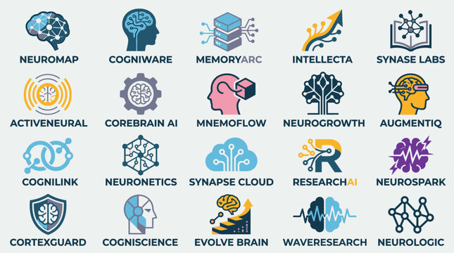 Brain logos and neuroscience symbols.