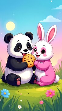A cute panda and pink rabbit share a cookie on a sunny meadow