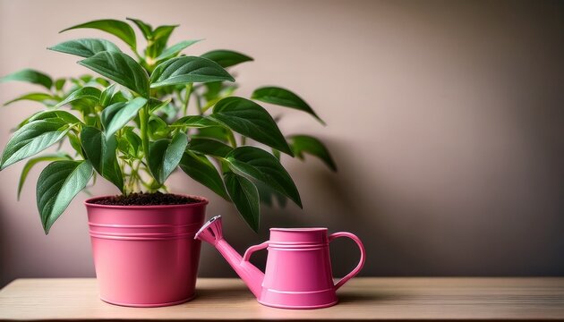 potted plant with green leaves and pink watering can beside it