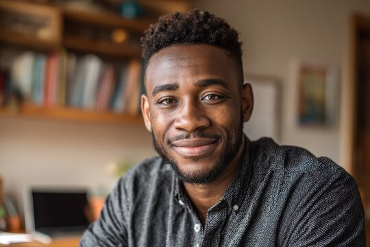 Confident front-facing portrait of a smiling Black man in a modern workspace