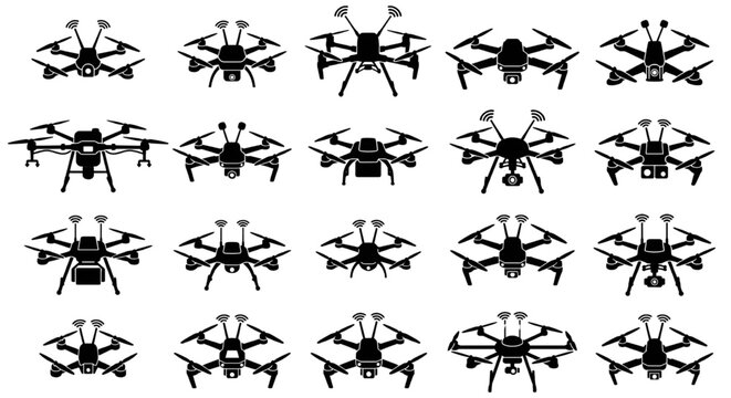 Drone silhouettes and unmanned aerial vehicle vector graphic set, silhouettes depicting different models of industrial and hobby drones, quadcopters, and hexacopters with signal antennas, isolated 