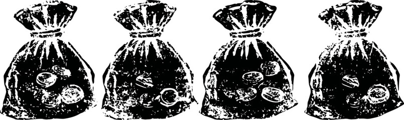 Fototapeta premium Black and white sketch of four money bags tied at the top with coins inside