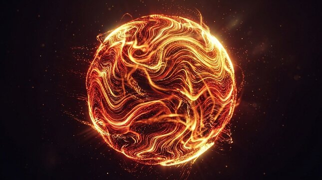 VJ loop animation with abstract hot sphere made of glowing particle waves on a dark background. Fire colored substance with round form in a center for music performance and art visualization