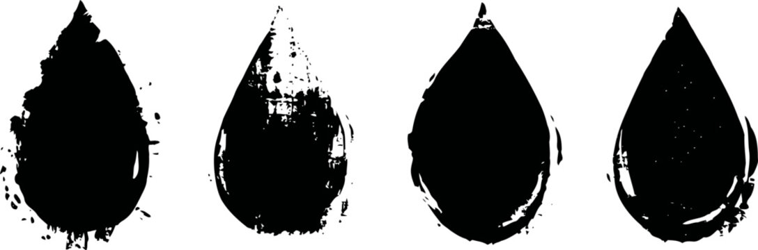 Set of four rustic black paint drop shapes with rough textured edges