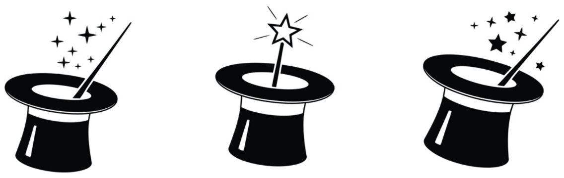 Magician Hat and Stars Icon Collection Representing Magic Show Illusion Circus Performance and Fantasy Symbols in Flat and Outline Vector Designs