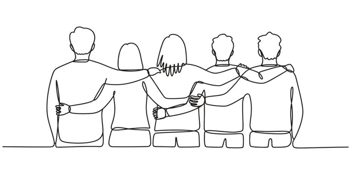 Continuous line drawing of a group of friends standing with arms around shoulders