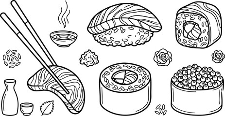 Japanese Sushi and Sashimi Icon Set with Chopsticks and Traditional Asian Cuisine © PJ DeSign