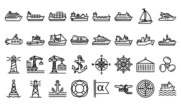 Linear ship and nautical icon set with cruise liners cargo transport vessels and marine transportation symbols vector illustration