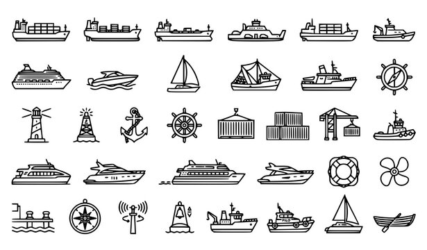 Maritime transportation outline icon collection featuring cruise ships cargo vessels ferries and nautical symbols vector set