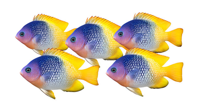 Lively school of yellowtail pygmy angelfish swimming together, colorful tropical marine fish for aquatic and ocean life designs, isolated on white background