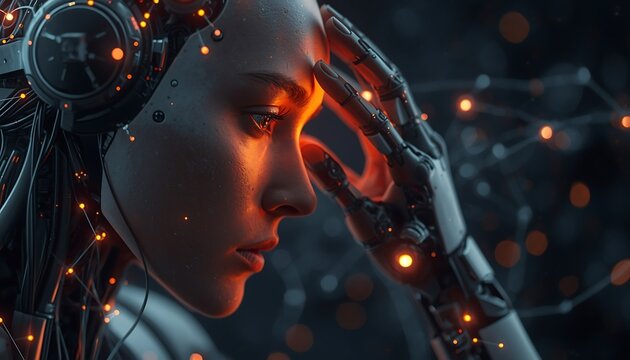 Oil of A futuristic humanoid robot appears to be deep in thought with glowing circuitry and a contemplative expression.