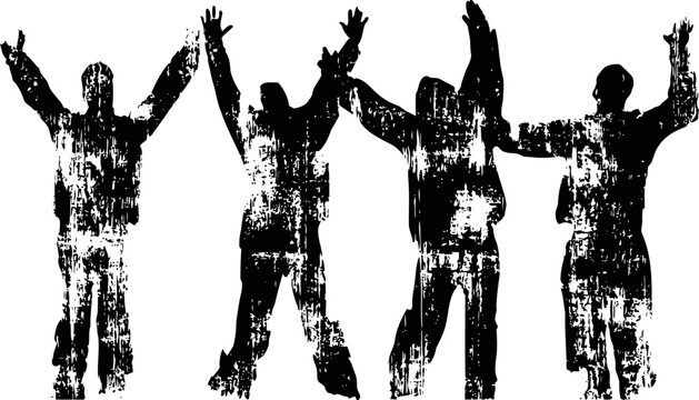 grunge silhouettes of four protesters holding signs and raising hands in unity and defiance
