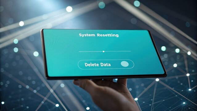 Hand Holding Tablet Displaying System Resetting with Delete Option