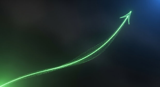 Abstract green growth graph line with glowing arrow on dark background