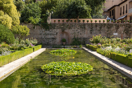 Granada, Spain August 19, 2025. Beautiful view of the Alhambra garden, water pool with lilies, remains of palace the Palacio del Partal Alto, complex located in Granada, Spain. Andalusia,