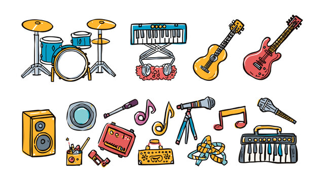 Musical Instruments and Accessories: A colorful collection of musical instruments and sound equipment, including drums, keyboards, guitars, microphones, and speakers, arranged in a playful pattern.