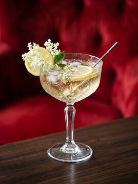 Elderflower spritz cocktail in coupe glass