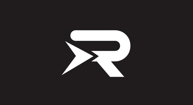 Modern stylized white letter R monogram on black background