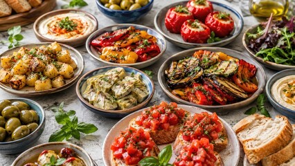 Obraz premium Colorful Mediterranean appetizer spread with bruschetta, roasted vegetables, olives, hummus and crusty bread arranged on plates