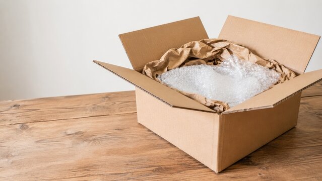 Open cardboard shipping box on a wooden table filled with bubble wrap and crumpled kraft packing paper, ready for packing or shipping