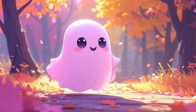 A cute pink ghost in a forest with autumn leaves and trees