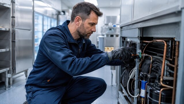 Technician repairing a commercial refrigeration unit in a stainless steel professional kitchen, wearing gloves and navy workwear while inspecting compressor and wiring