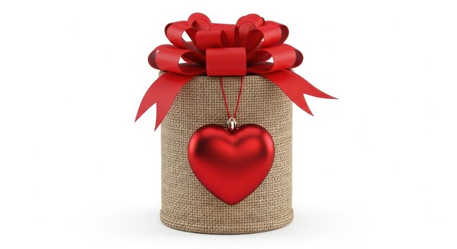 Gift package with heart decoration and red ribbon bow