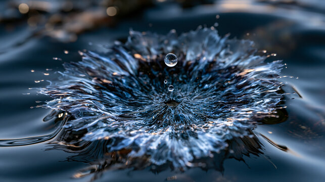 Macro aerial view captures single ink droplet mid-expansion through still water surface, fractal dispersion pattern radiating outward in circular formation, fluid dynamics study with crystalline cla