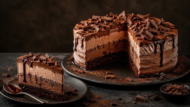 Decadent multi-layer chocolate mousse cake with slice, ganache drizzle and chocolate shavings on dark plates