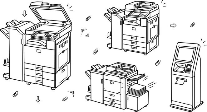 Office Multifunction Printer and Copier Line Icon Set with Commercial Scanner Kiosk Machine Symbols for Corporate Document Workflow Designs