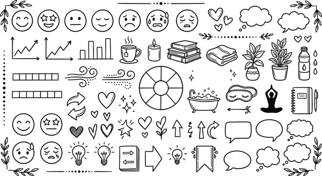 Hand drawn self care wellness icons mood trackers emoticons yoga plants bathtub books diary journal doodle line art sketch vector set