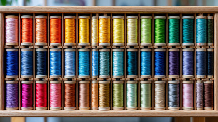 Naklejka premium Organized wooden spool rack displays systematic thread library arranged in precise chromatic sequence, mercerized cotton and silk fiber spools creating textile color reference grid, tailoring atelie