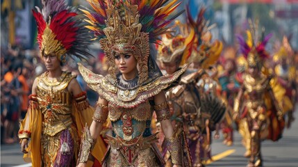 Naklejka premium People in ornate costumes during a celebration parade with feathers and gold