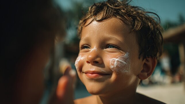 Happy Young Boy Wearing Sunscreen On Sunny Day