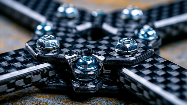 Quadcopter drone frame section in woven carbon fiber with motor mount arm junction, countersunk M3 titanium bolt pattern and ply edge delamination macro visible, frame standoff hardware detail, ligh