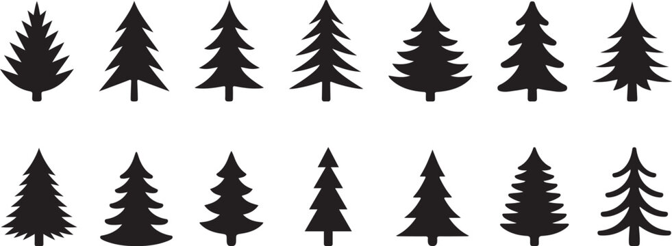 Collection of various pine tree silhouettes on white background