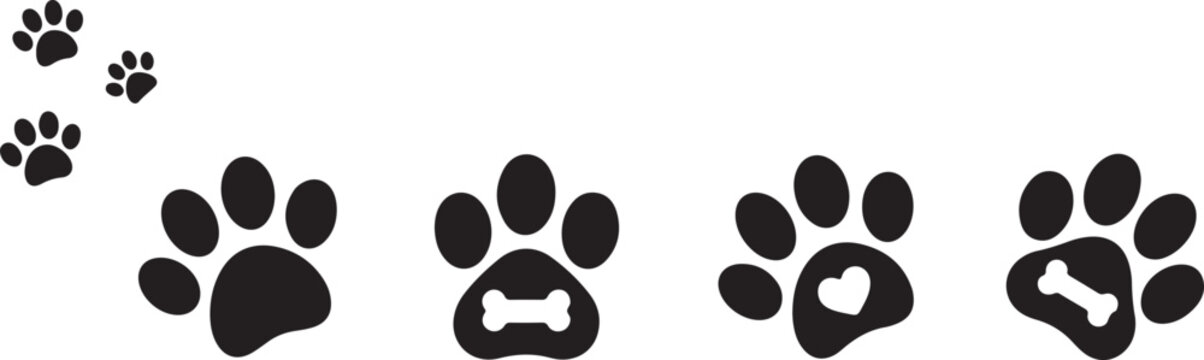 Black paw prints with bone and heart shapes on white background