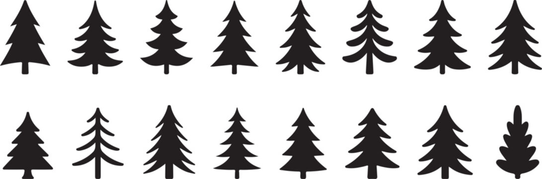 Collection of various pine tree silhouettes in different shapes and sizes on white
