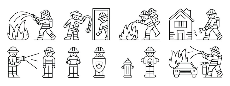Emergency icons firefighter hose helmet outline safety rescue fire protection service symbol set vector illustration.