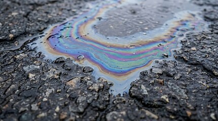 Naklejka premium Iridescent rainbow colored oil spill forming abstract puddle on wet rough asphalt surface symbolizing environmental pollution and ecological hazard