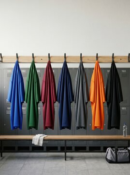 Row of colorful sports apparel in locker room
