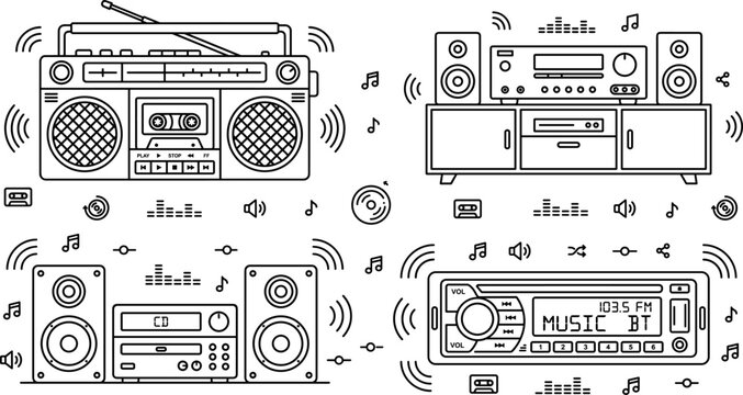 Retro Boombox and Home Stereo System Line Icon Set with Car Radio Audio Equipment Symbols for Music Sound Graphic Designs