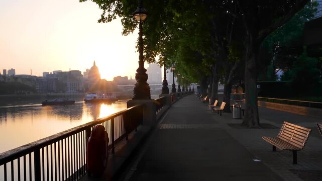 The Southbank in London, England, with view of the City skyline during a golden summer sunrise without people