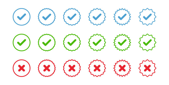 Outline checkmark and cross badge icon set with settings gear editable stroke vector collection