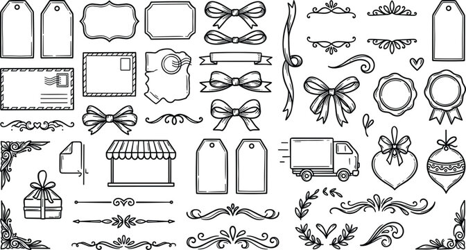 Hand drawn e-commerce shipping icons vintage frames ribbon bows text dividers shopping tags delivery truck sketch vector set
