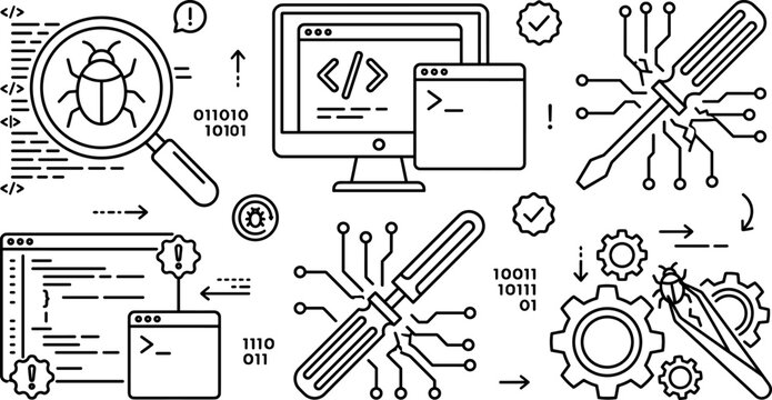 Software Bug Fixing and Code Debugging Icon Set for Web Development