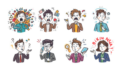 Fototapeta premium Stressed Professionals Collection: A set of eight cartoon illustrations depicting businessmen and businesswomen in various states of confusion, stress, and panic, surrounded by chaotic elements.